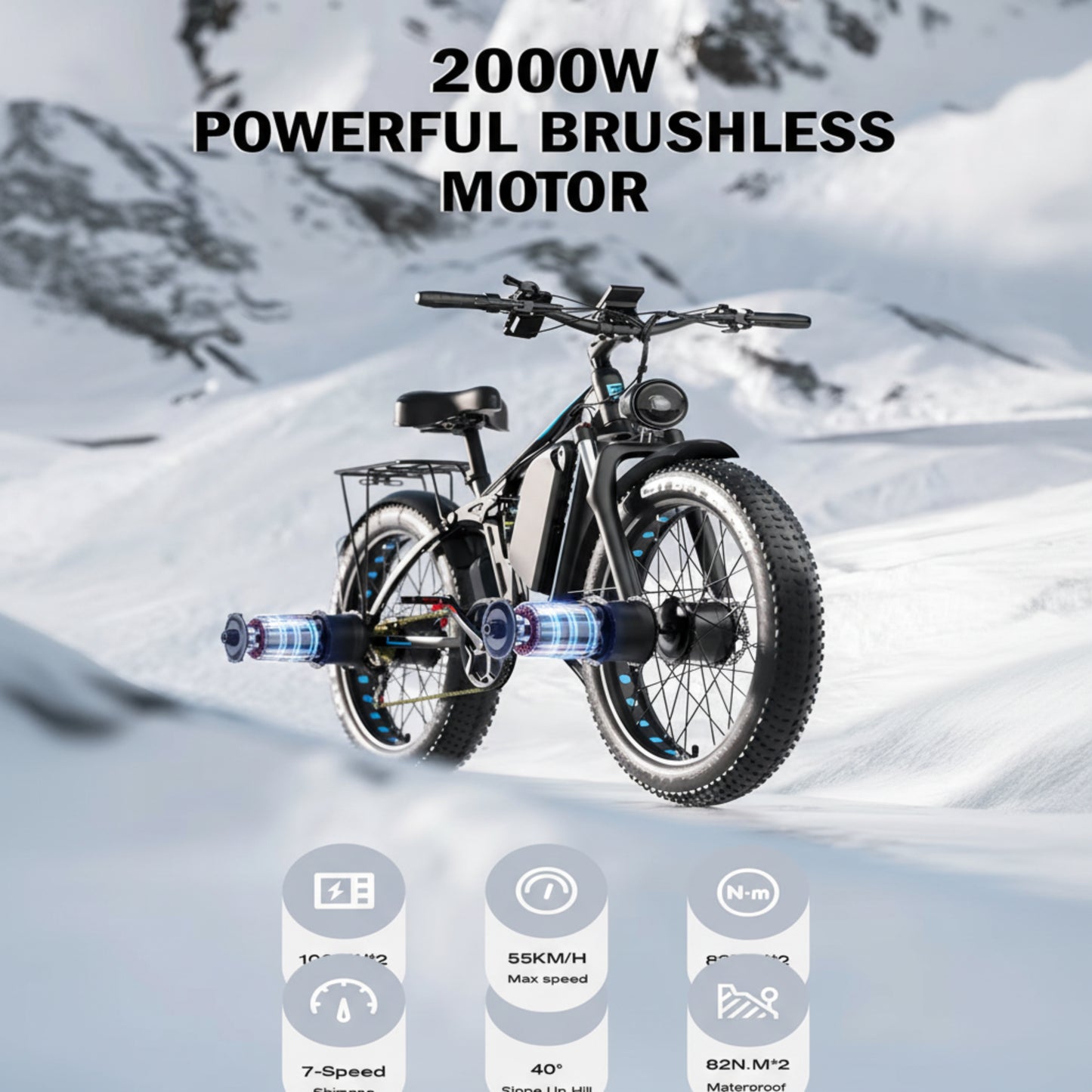 Off-Road Full Suspension E-Bike 2000W Dual Motor 52V 23AH Battery Mountain E-Bike 26 Inch Fat Tire Electric Bike