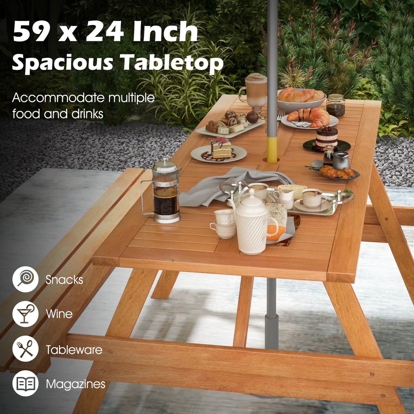 DirectDeals 6 Person Picnic Table Set Patio Rectangle with 2 Built-in Benches and Umbrella Hole