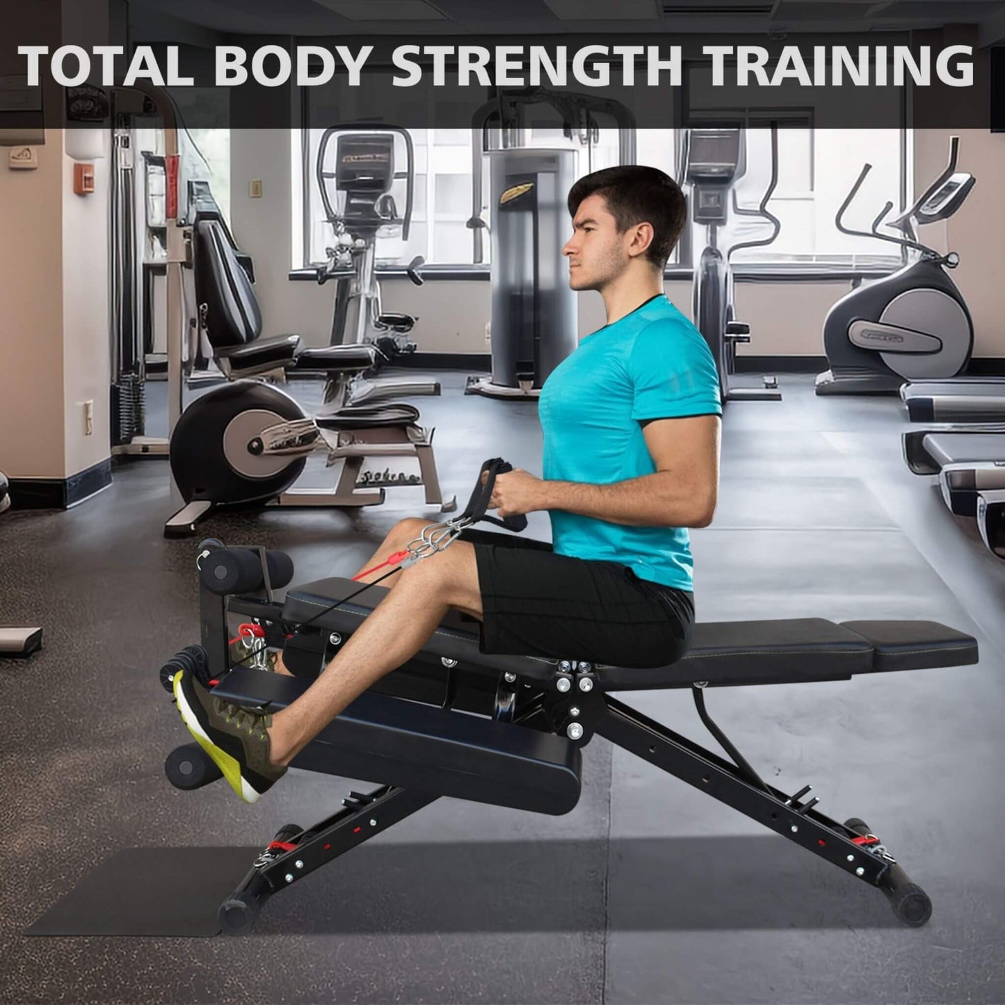 Rovix Foldable Multi-Functional Weight Bench for Full-Body Workouts with Resistance Bands, Footrest, and Leg Extender