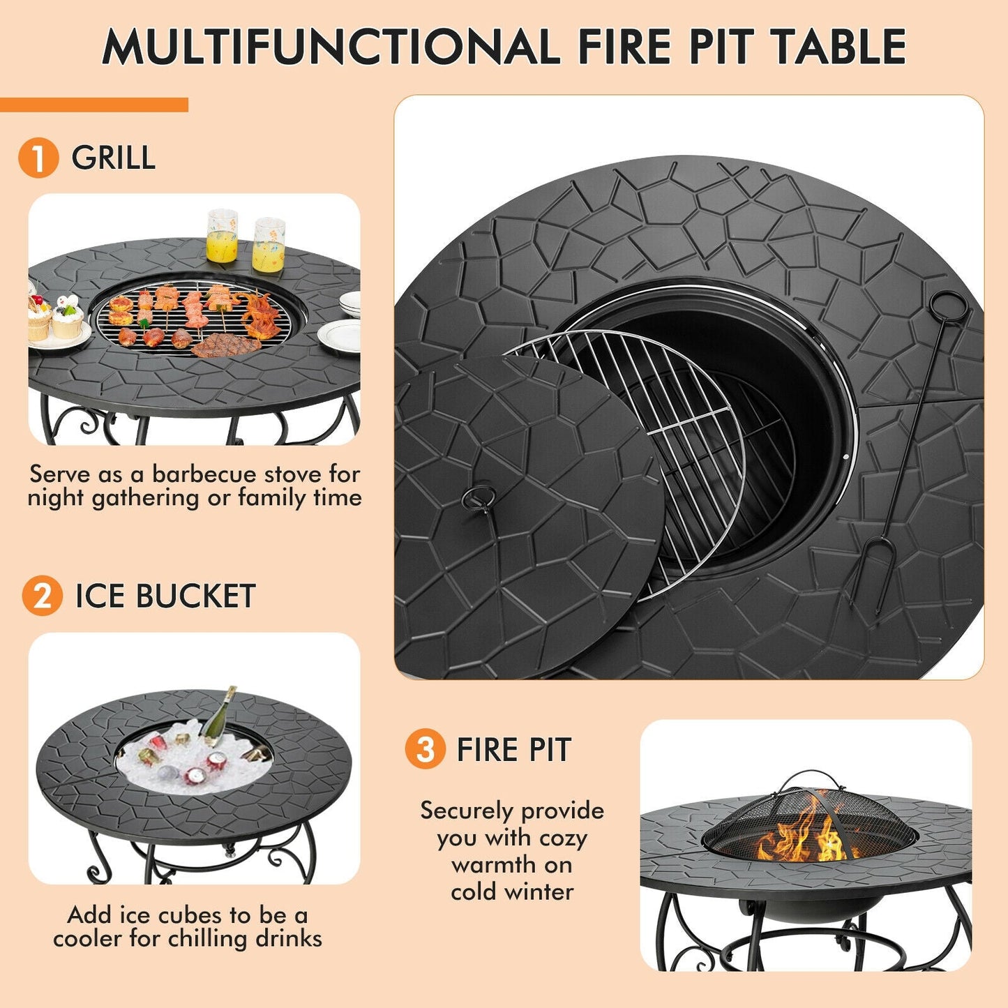 DirectDeals 35.5 Feet Patio Fire Pit Dining Table with Cooking BBQ Grate