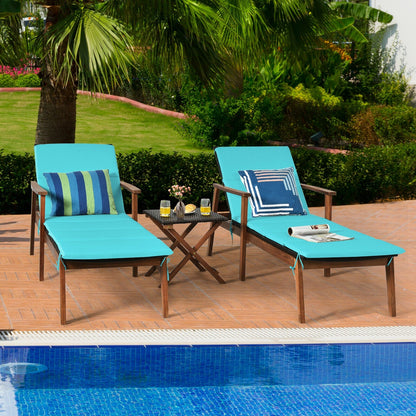DirectDeals 3 Pieces Portable Patio Cushioned Rattan Lounge Chair Set with Folding Table - Turquoise