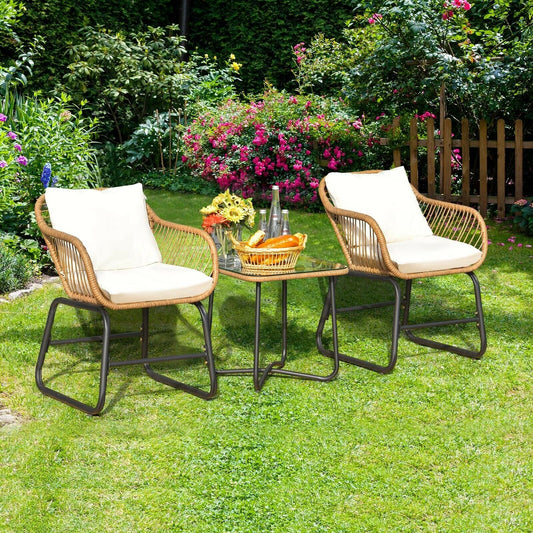 DirectDeals 3-Piece Patio Bistro Set with 2 Rattan Chairs and Square Glass Coffee Table - White