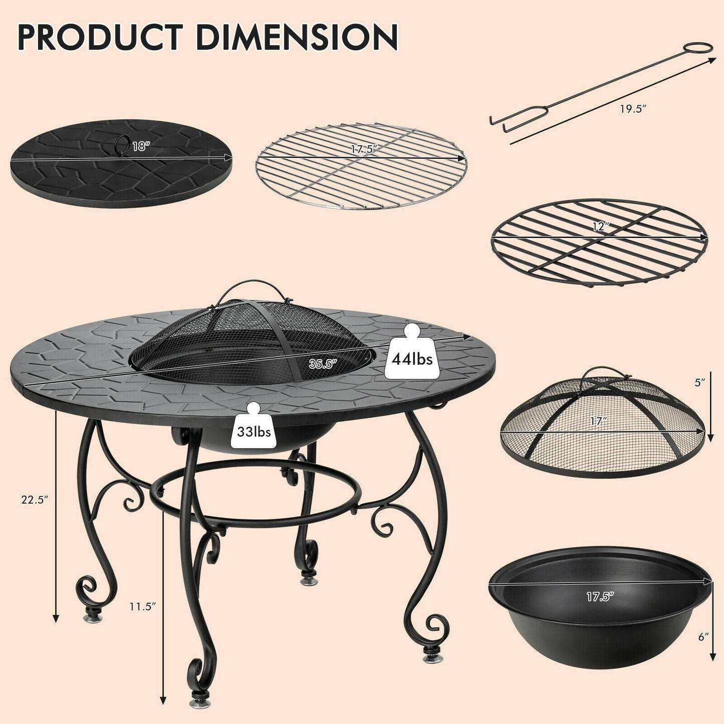 DirectDeals 35.5 Feet Patio Fire Pit Dining Table with Cooking BBQ Grate