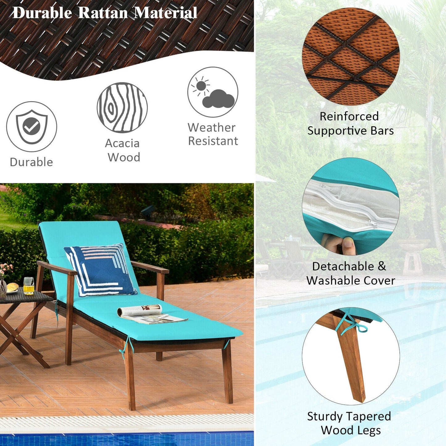 DirectDeals 3 Pieces Portable Patio Cushioned Rattan Lounge Chair Set with Folding Table - Turquoise