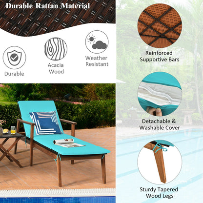 DirectDeals 3 Pieces Portable Patio Cushioned Rattan Lounge Chair Set with Folding Table - Turquoise