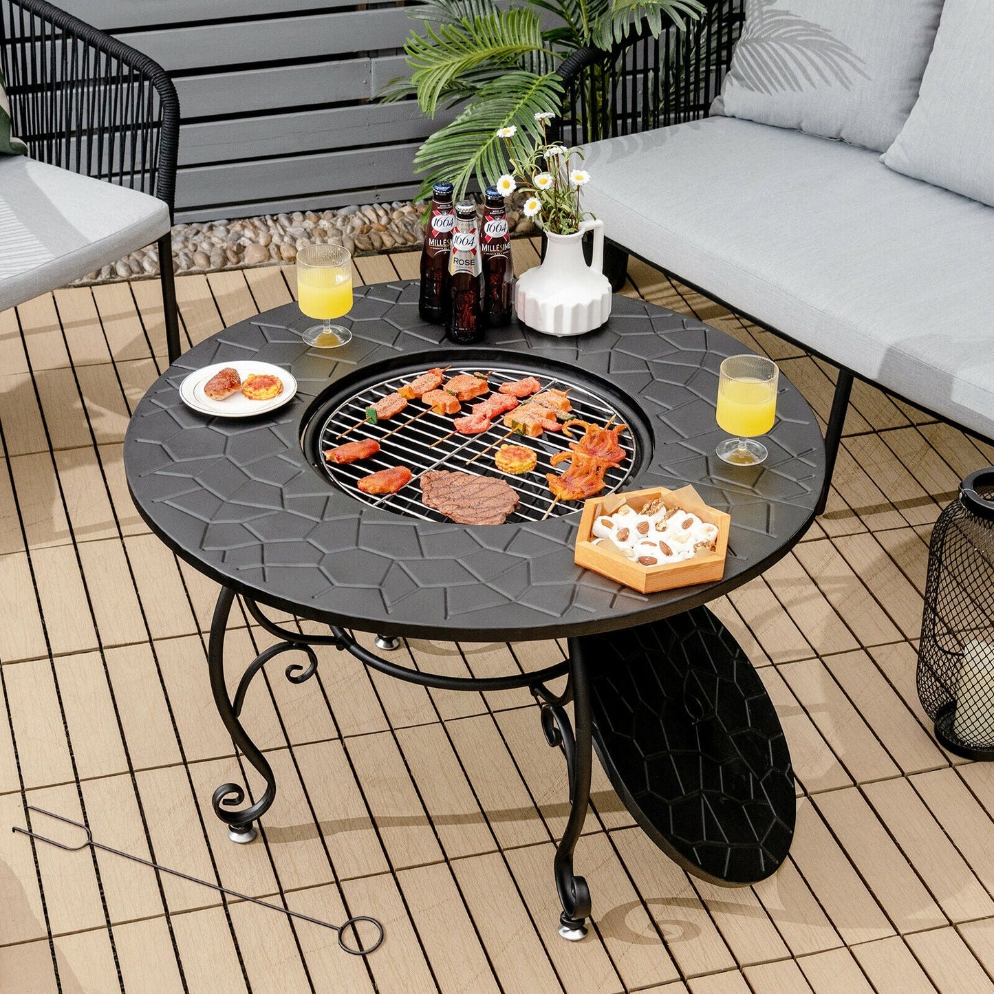 DirectDeals 35.5 Feet Patio Fire Pit Dining Table with Cooking BBQ Grate
