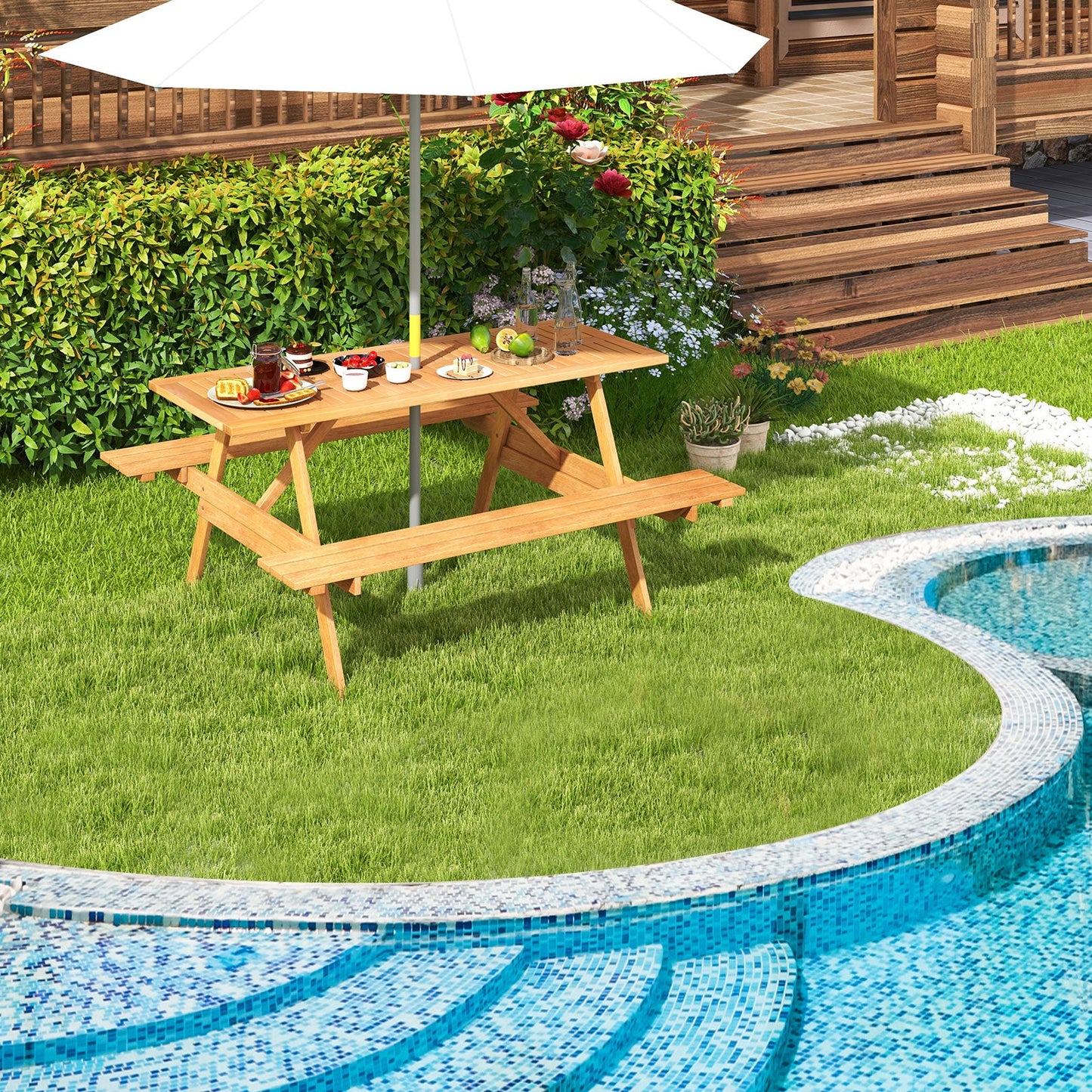 DirectDeals 6 Person Picnic Table Set Patio Rectangle with 2 Built-in Benches and Umbrella Hole