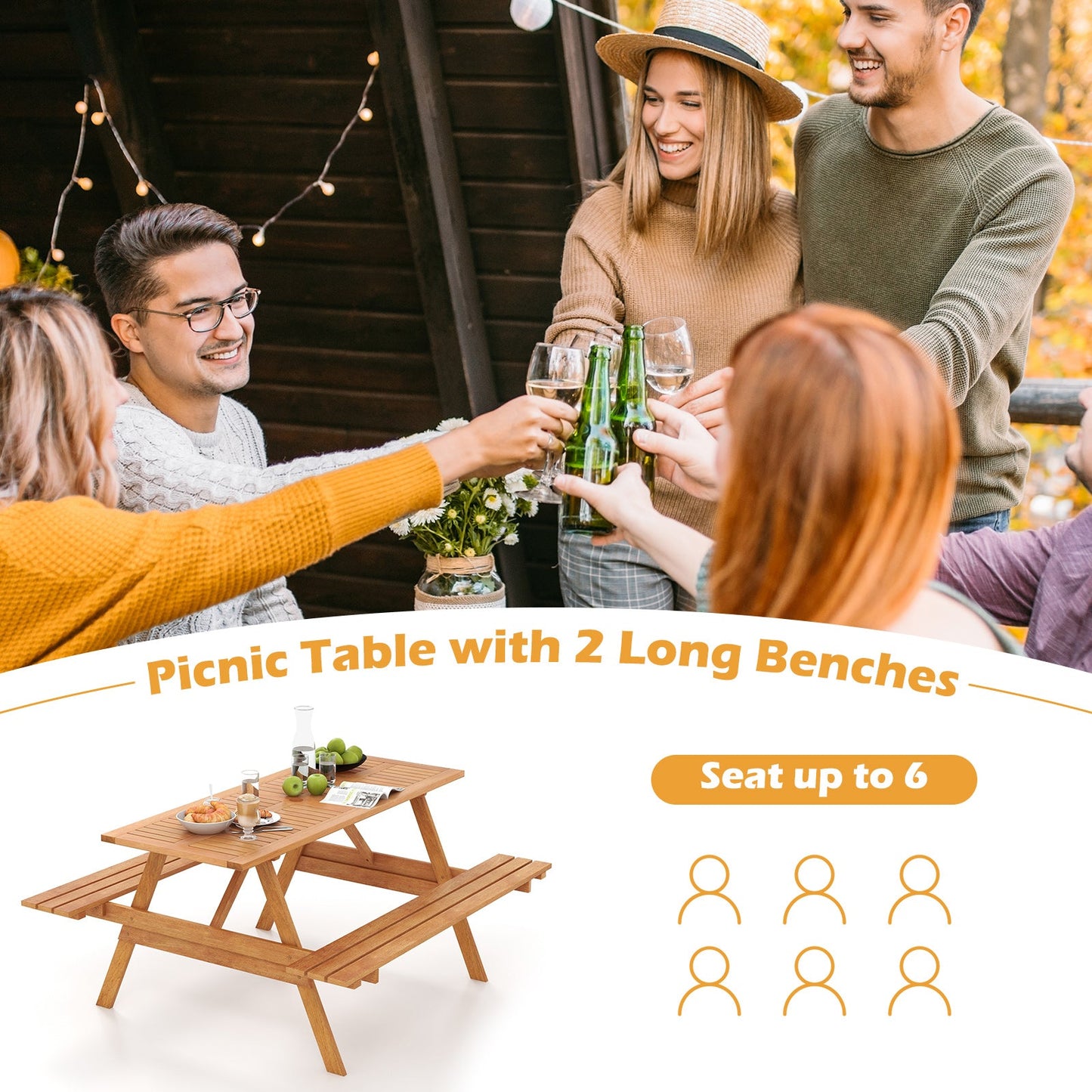 DirectDeals 6 Person Picnic Table Set Patio Rectangle with 2 Built-in Benches and Umbrella Hole