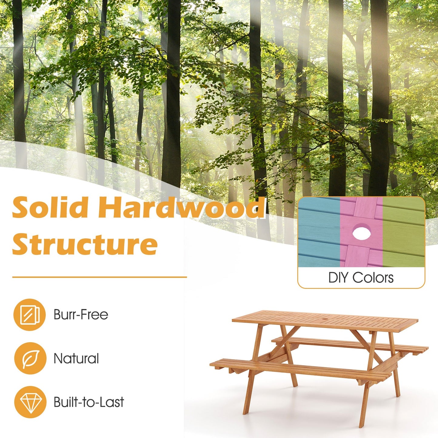 DirectDeals 6 Person Picnic Table Set Patio Rectangle with 2 Built-in Benches and Umbrella Hole