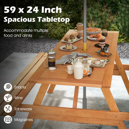 DirectDeals 6 Person Picnic Table Set Patio Rectangle with 2 Built-in Benches and Umbrella Hole