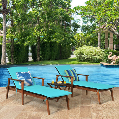 DirectDeals 3 Pieces Portable Patio Cushioned Rattan Lounge Chair Set with Folding Table - Turquoise