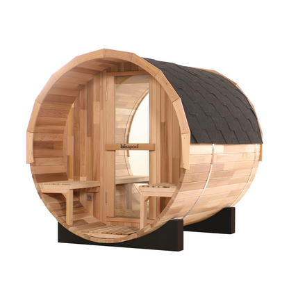 Blisspod, Prague, Canadian Red Cedar Outdoor Steam Barrel Sauna (2–4 / 4–6 Persons) With Full Glass Back & Front Porch Seats
