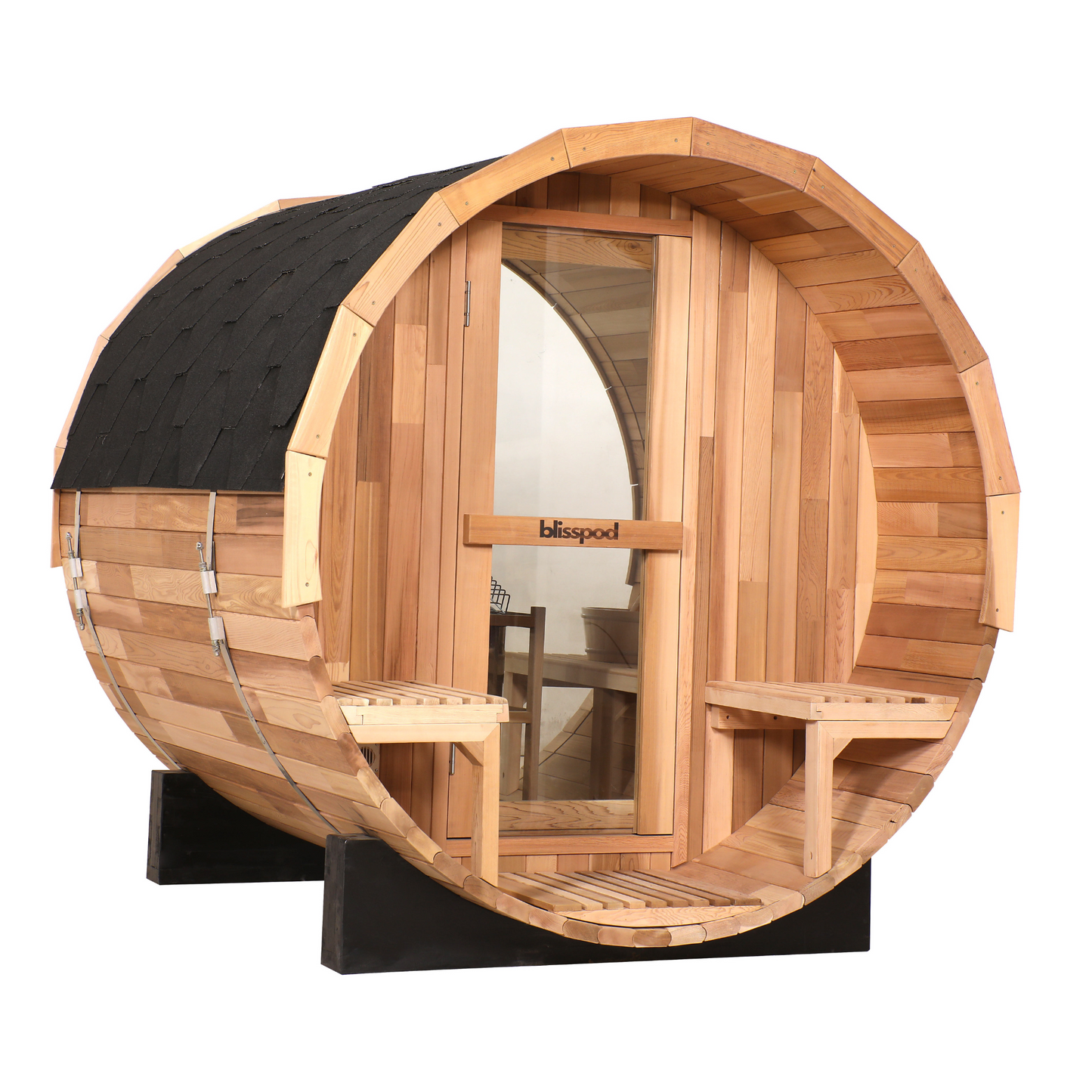Blisspod, Prague, Canadian Red Cedar Outdoor Steam Barrel Sauna (2–4 / 4–6 Persons) With Full Glass Back & Front Porch Seats