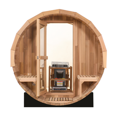 Blisspod, Prague, Canadian Red Cedar Outdoor Steam Barrel Sauna (2–4 / 4–6 Persons) With Full Glass Back & Front Porch Seats