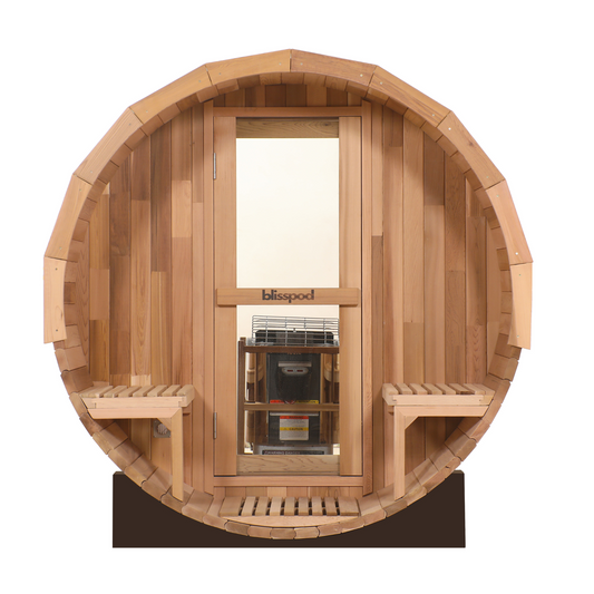 Blisspod, Prague, Canadian Red Cedar Outdoor Steam Barrel Sauna (2–4 / 4–6 Persons) With Full Glass Back & Front Porch Seats