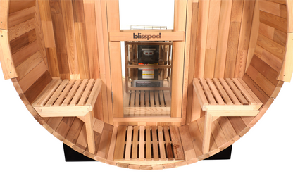 Blisspod, Prague, Canadian Red Cedar Outdoor Steam Barrel Sauna (2–4 / 4–6 Persons) With Full Glass Back & Front Porch Seats