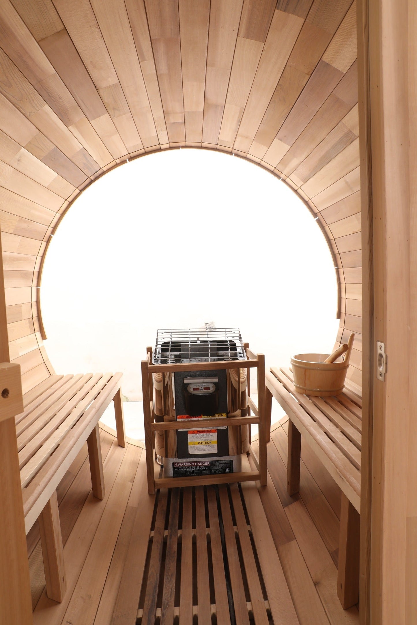 Blisspod, Prague, Canadian Red Cedar Outdoor Steam Barrel Sauna (2–4 / 4–6 Persons) With Full Glass Back & Front Porch Seats